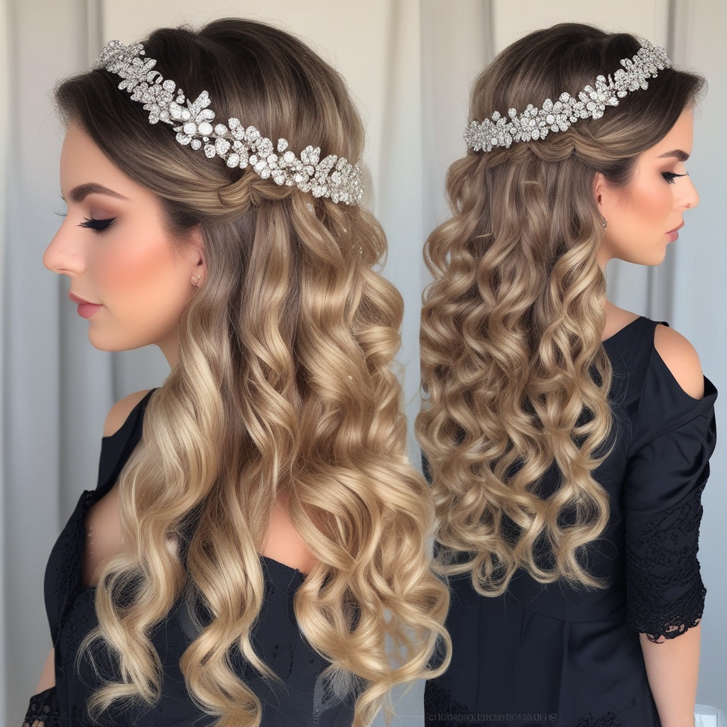 Elegant prom hairstyle with loose curls and sparkling hair accessories