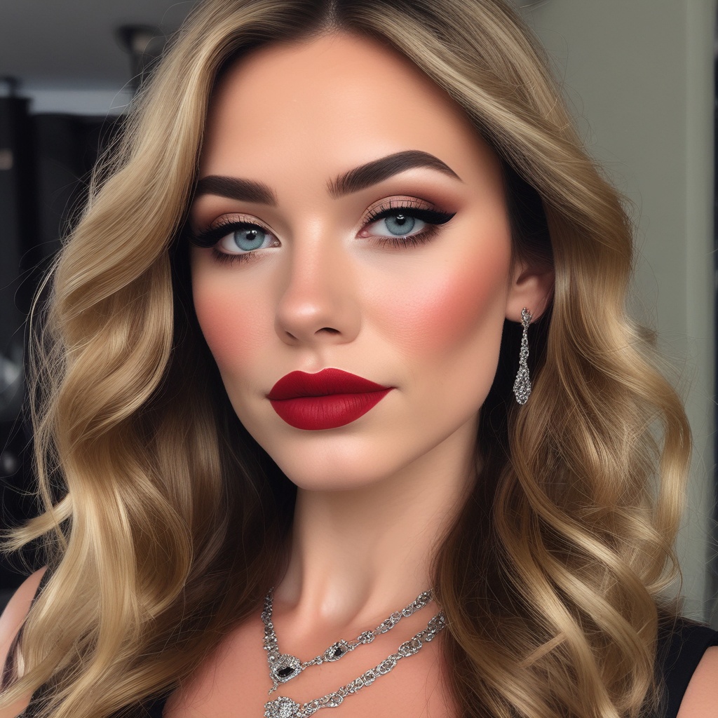 Glamorous red carpet makeup look with smoky eyes and bold red lips